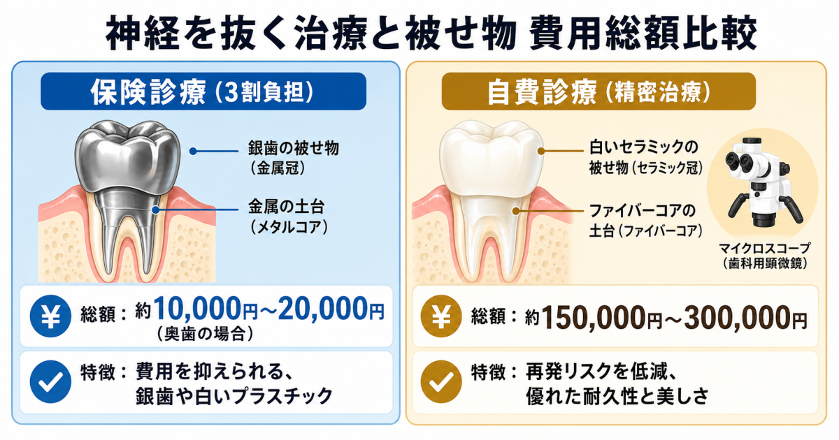 神経を抜く治療と被せ物の費用総額は?保険・自費の内訳を徹底比較